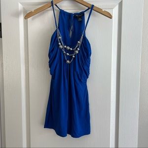 White Black House Market Blue Top with Silver Necklace XXS